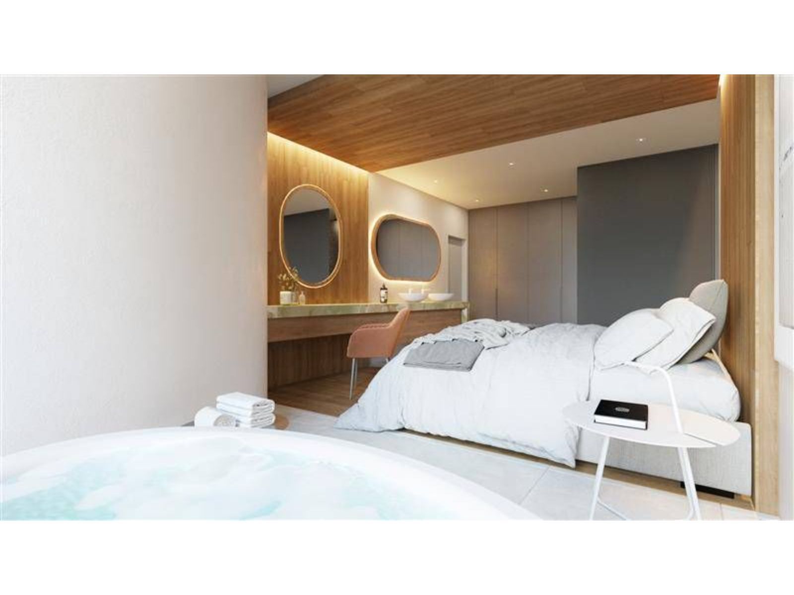 Moderne villa slaapkamer met bad en wastafelmeubel